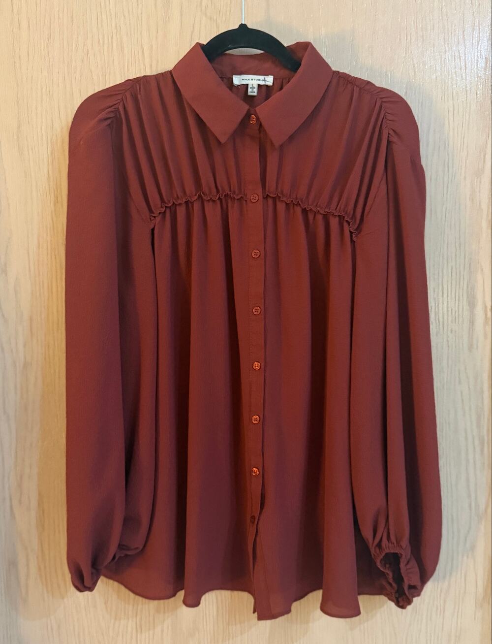 Max Studio Rust Terracotta Ruffle Yoke Balloon Sleeve Blouse Size L